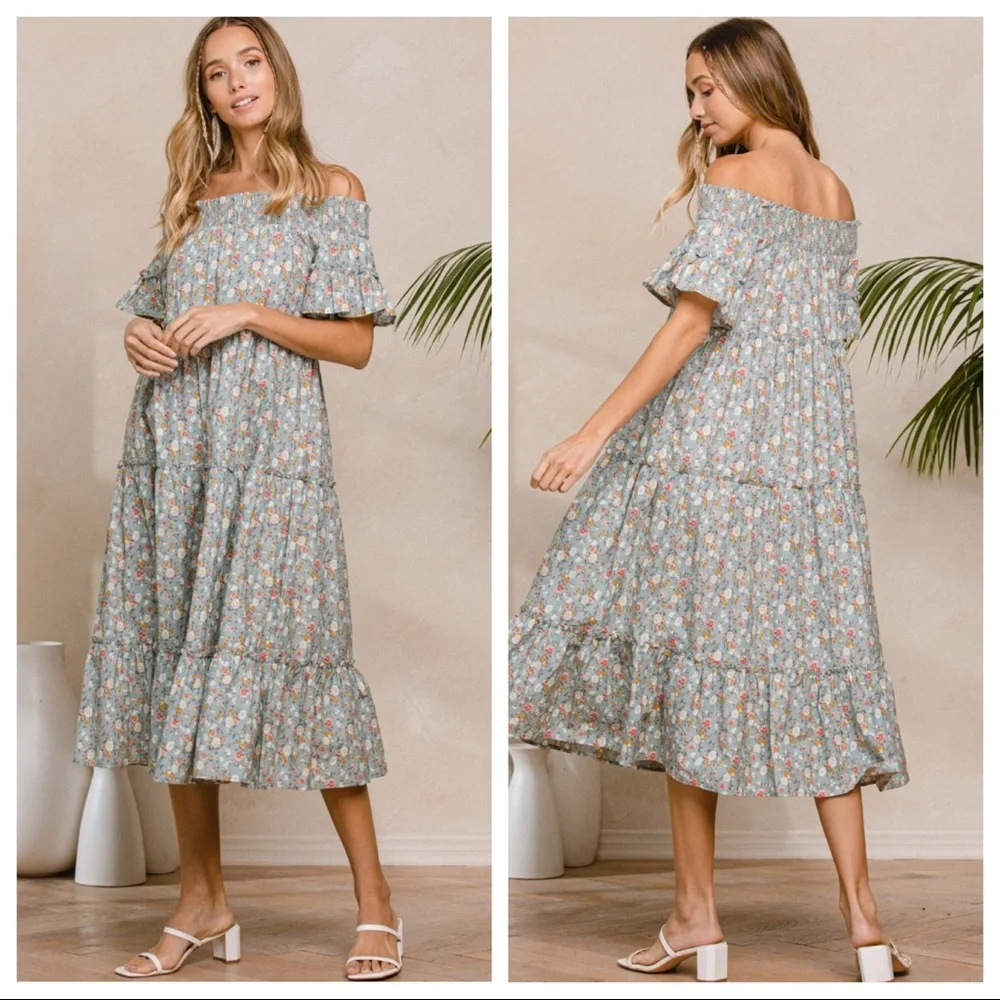 Boho Chic Off The Shoulder Floral Midi Dress - Picture 3 of 5